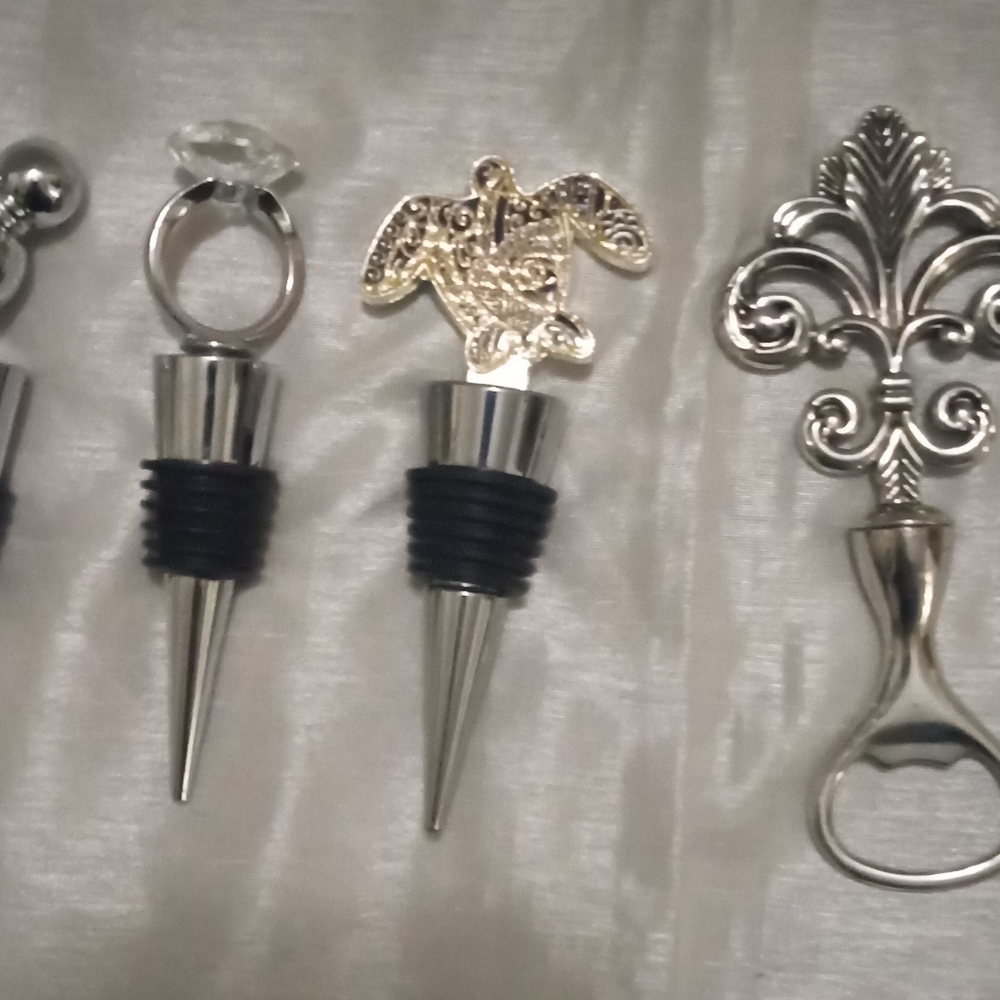 Silver and Gold Tone Wine Stoppers Set & Bottle Opener